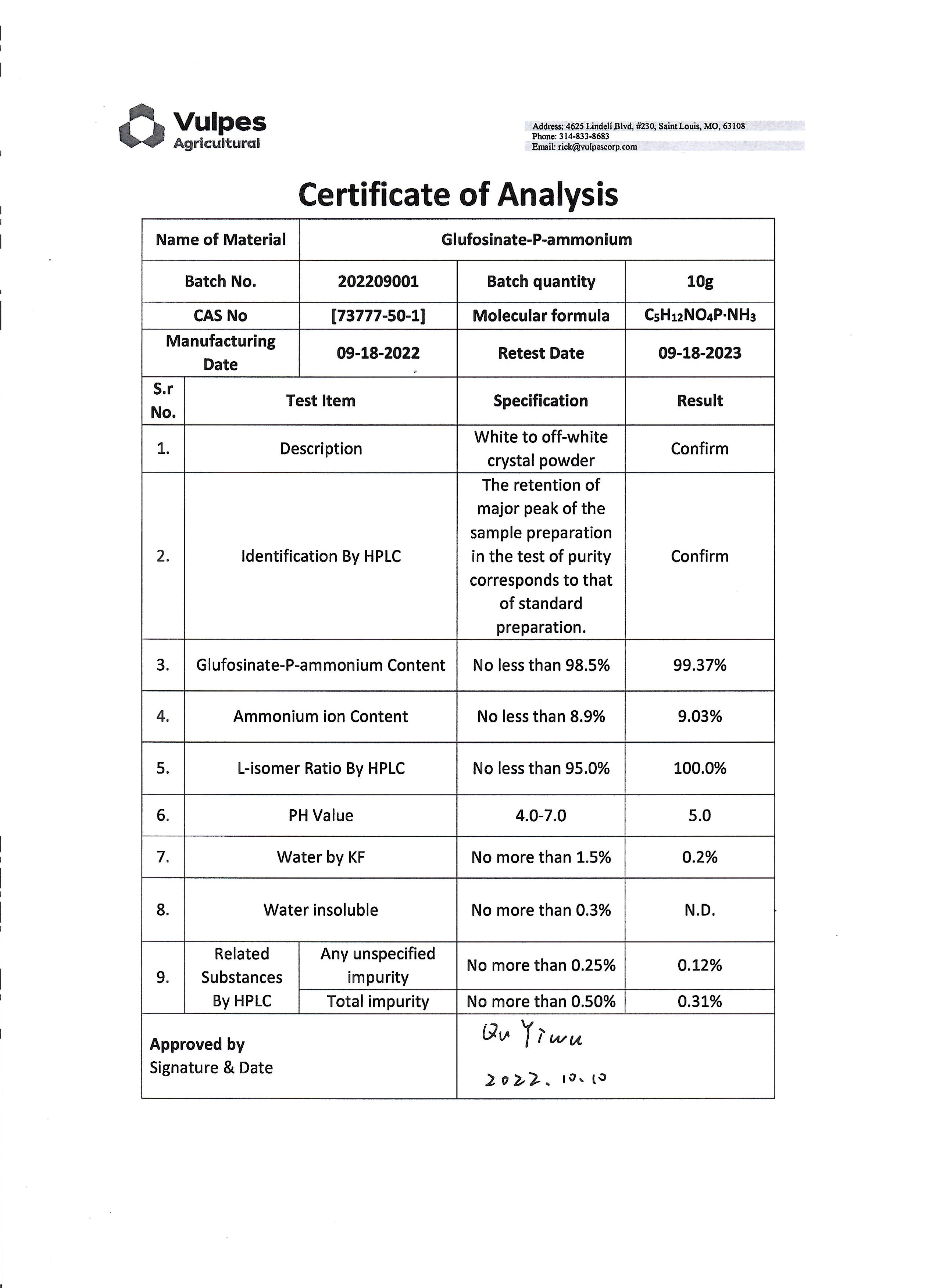 Historical L-glufosinate sample certificate of analysis